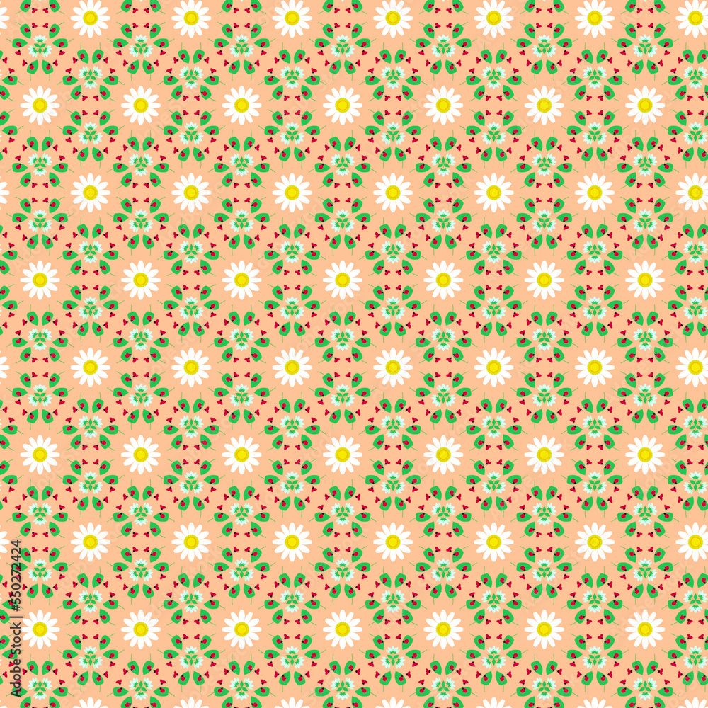 Summer botanical pattern with red ladybugs and white daisies isolated on a beige apricot peach background