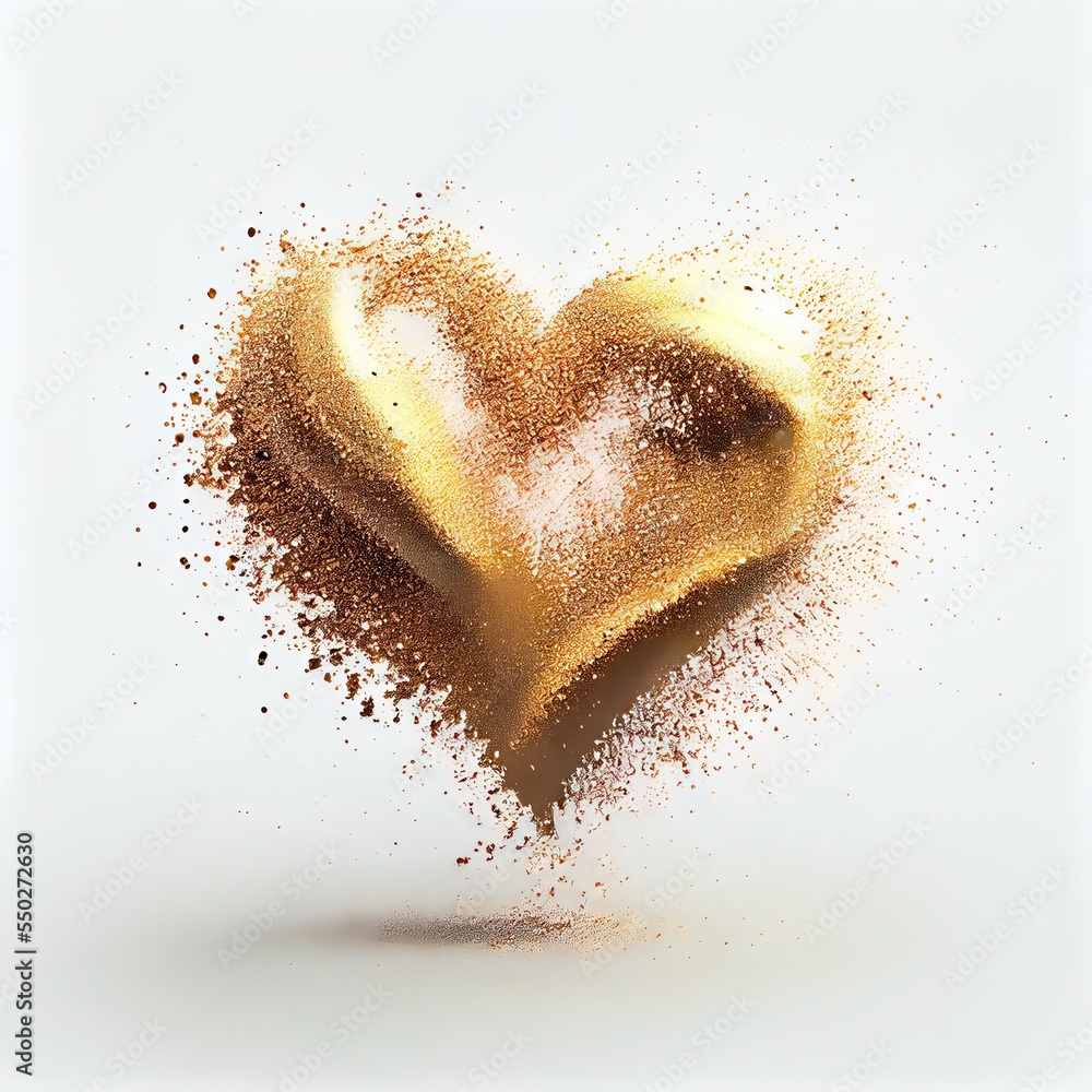 Exploding heart made from golden powder on white background. Freeze shape motion of color powder explosion. St. Valentine's Day card creative idea. AI generated image. Exploding heart made from golden powder on white background. Freeze shape motion of color powder explosion. St. Valentine's Day card creative idea. AI generated image.