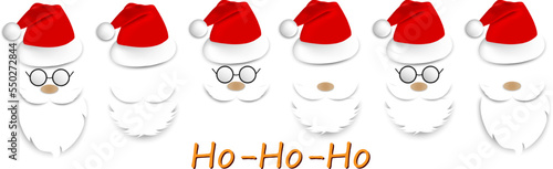 Santa Claus face.Set of realistic Santa Claus icon.Happy New Year and Marry Cristmas concept. Santa hat,beard,moustache,glasses template . Santa character.Christmas elements.Vector on transparent.