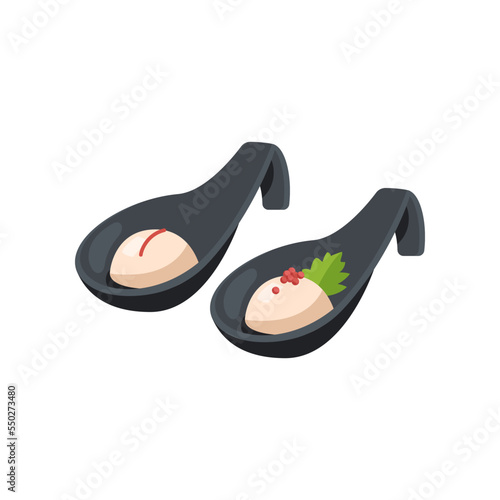 Molecular food served on buffet spoon cartoon illustration. Side view of molecular dish. Scientific approach to cooking. Luxury food, course, gastronomy, chemistry concept