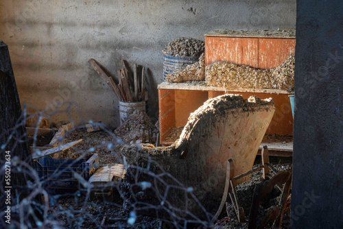 Bird droppings on desolated furniture in a former miner's house, Mazarron, Spain