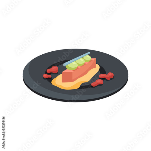 Molecular food served on black plate cartoon illustration. Side view of molecular dish. Scientific approach to cooking. Luxury food, course, gastronomy, chemistry concept