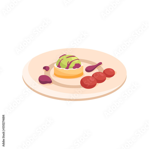Molecular bubble food served on white plate illustration. Side view of molecular dish. Scientific approach to cooking. Luxury food, course, gastronomy, chemistry concept