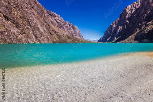 Turquoise Llanganuco lake in Cordillera Blanca  snowcapped Andes  Ancash  Peru