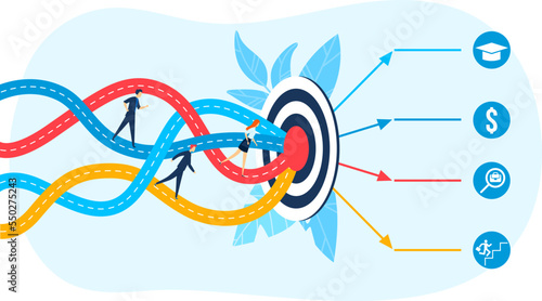 Target business success by different ways concept, vector illustration. Person character career goal and achievement. Man woman people