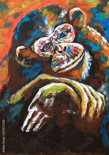 Modern colorful hand-painted acrylic portrait of a monkey