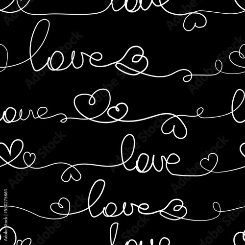 One line lettering Love with hearts seamless pattern for print,wallpaper,wallpaper, fabric,romantic design vector illustration.Continuous one line drawing word Love .Happy valentines day background