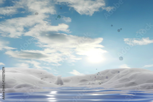 Realistic water foam background 3D bubble and sky empty product placement for display scene presentation