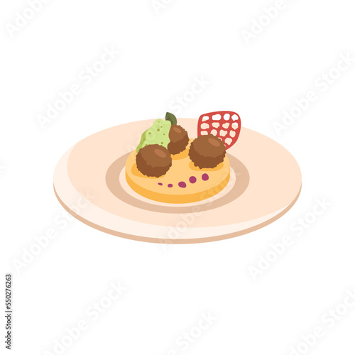 Molecular brown food on plate cartoon illustration. Side view of molecular dish. Scientific approach to cooking. Luxury food, course, gastronomy, chemistry concept