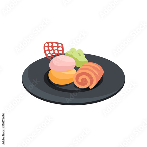 Molecular orange roll served on plate cartoon illustration. Side view of molecular dish. Scientific approach to cooking. Luxury food, course, gastronomy, chemistry concept