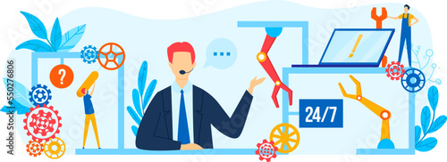 Man work in support service concept, vector illustration. Flat business group, man woman character team communication. Cartoon people at office