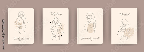 Cover page notebook collection. Templates with abstract pregnant women in one line style. Perfect for diary, books, magazines, journals, catalogs, planners and flyers. Vector layouts.
