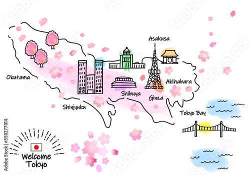 春の東京の観光地のシンプル線画イラストマップ（ピンク）
