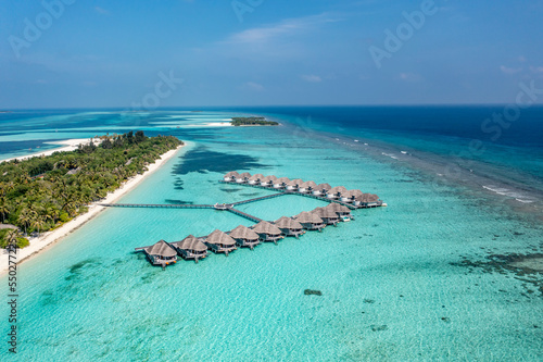 Helicopter View, Asia, Indian Ocean, Maldives, Lhaviyani Atoll, Six Senses Kanuhura Island Resort, with beaches and water bungalows
