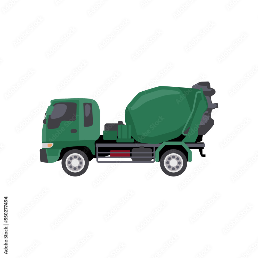 Concrete mixing truck flat vector illustration. Drawing or design of cargo vehicle for infographic isolated on white background. Transport, transportation, delivery concept.