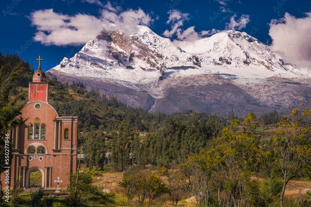 Huascaran Mountain and Yungay in Cordillera Blanca, snowcapped Andes, Ancash, Peru