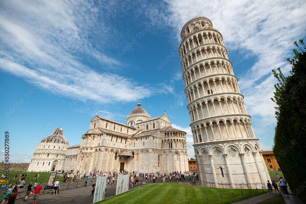 The Square of Miracles or Piazza dei Miracoli in Pisa with the Leaning Tower of Pisa, the Cathedral and Baptistery - Pisa, Italy.