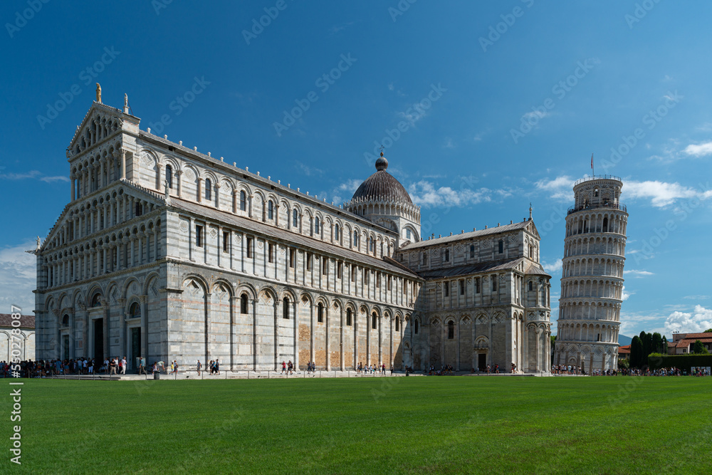 The Square of Miracles or Piazza dei Miracoli in Pisa with the Leaning Tower of Pisa, the Cathedral and Baptistery - Pisa, Italy.