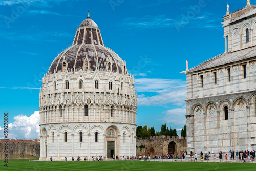 The Square of Miracles or Piazza dei Miracoli in Pisa with the Leaning Tower of Pisa, the Cathedral and Baptistery - Pisa, Italy.