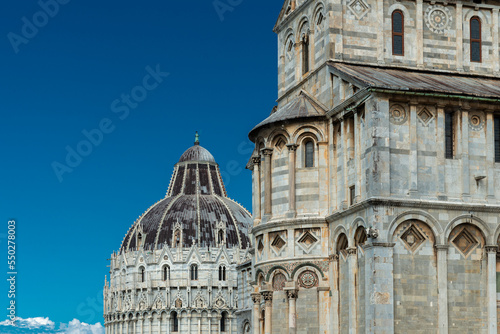 The Square of Miracles or Piazza dei Miracoli in Pisa with the Leaning Tower of Pisa, the Cathedral and Baptistery - Pisa, Italy.