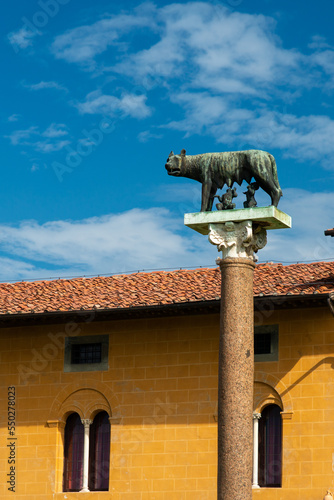 Romulus and Remus with wolf statue on a column in Pisa, Italy
