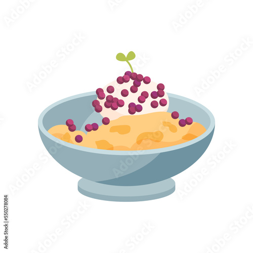 Molecular yellow food served in blue bowl cartoon illustration. Side view of molecular dish. Scientific approach to cooking. Luxury food, course, gastronomy, chemistry concept