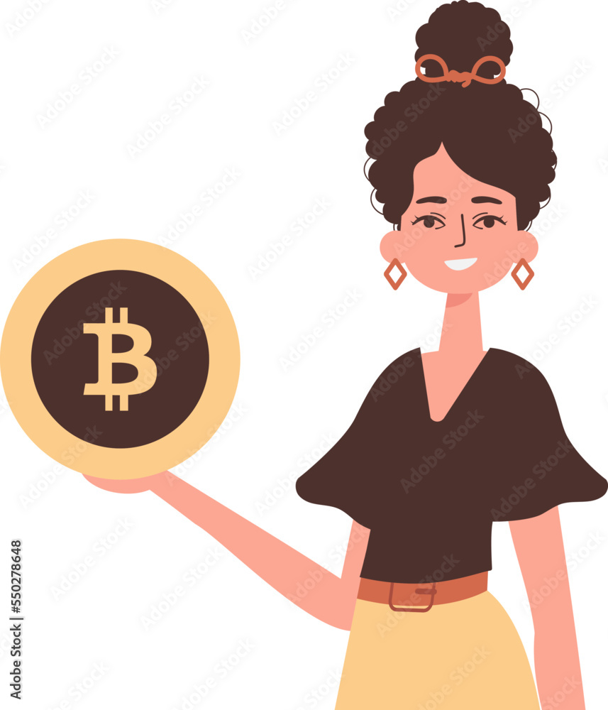 Woman holding bitcoin coin in her hands. Character in trendy style. Woman holding bitcoin coin in her hands. Character in trendy style.