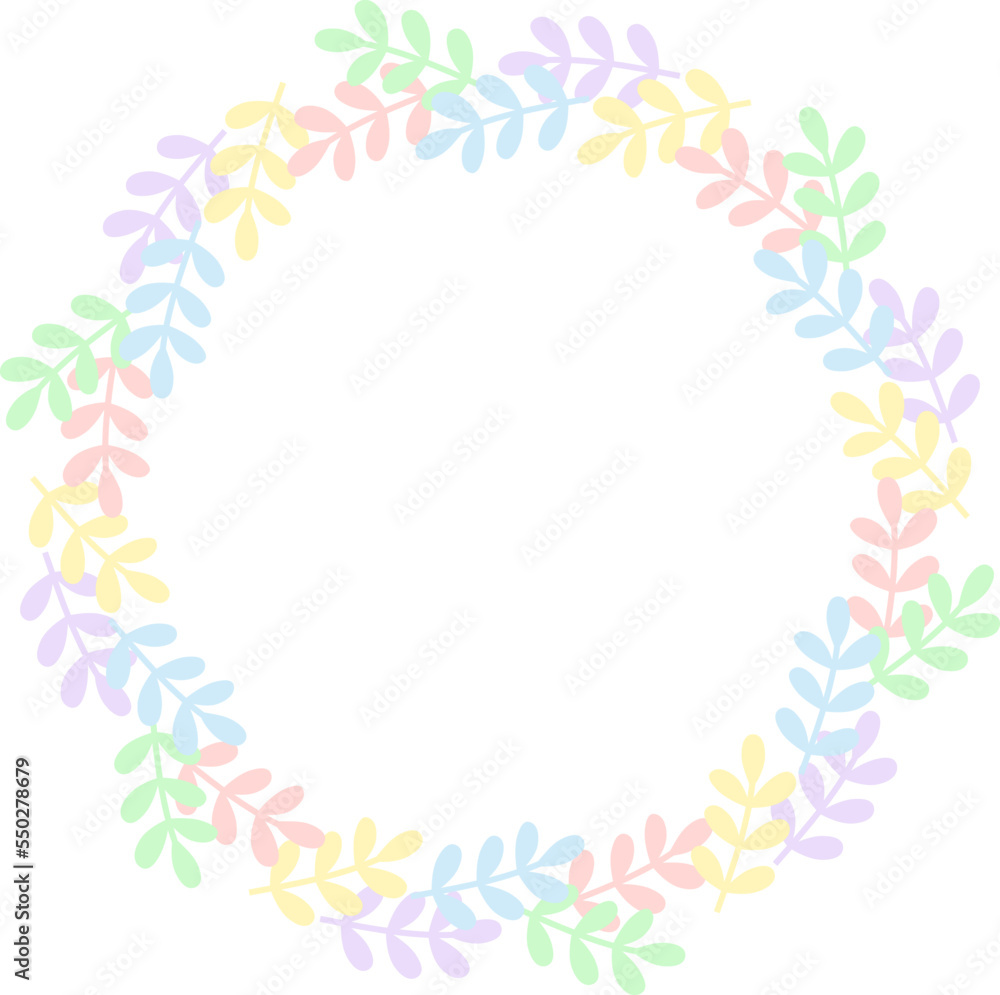 円形のフレーム　丸い葉のリース　パステルカラー