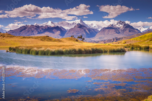Wilcacocha lake reflection in Cordillera Blanca  snowcapped Andes  Ancash  Peru