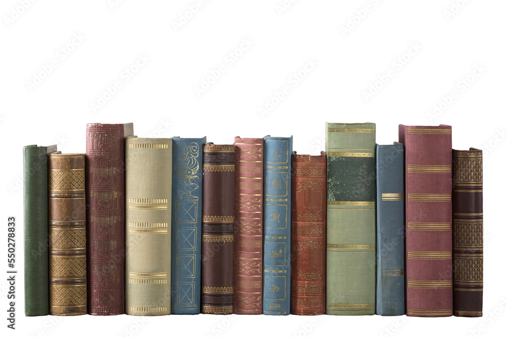 Old books in the row. PNG file. - obrazy, fototapety, plakaty 