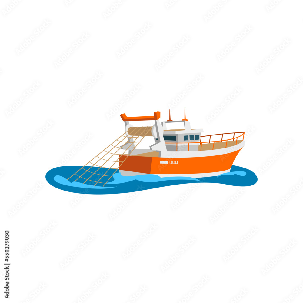 Fishing orange boat cartoon illustration. Tug boat, ship or vessel. Fishery, marine industry, transportation, factory concept