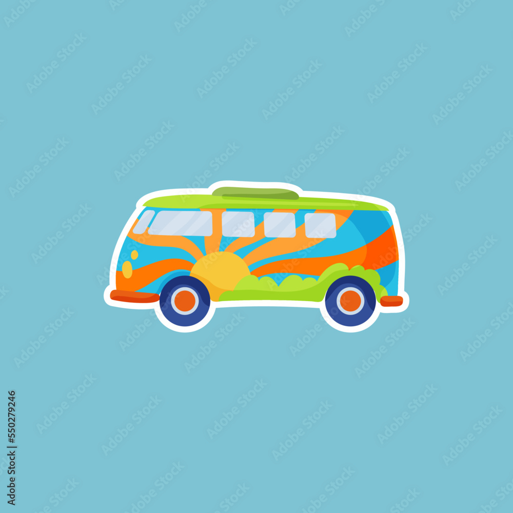 Retro hippie badge with van vector illustration. Sticker or patch with traveling van on blue background. Hippie, peace, music, love, accessories concept