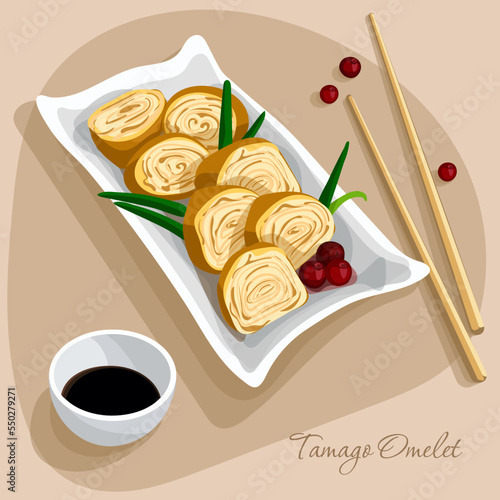 Illustration of an Asian tamago omelette on a plate with a decoration of green onions and lingonberries. On the table is a dish with chopsticks. Suitable for printing menus in a restaurant.
