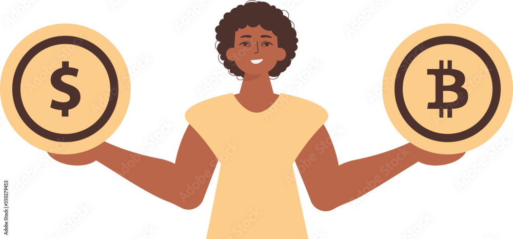 The guy holds a bitcoin and a dollar in his hands. Character with a modern style. The guy holds a bitcoin and a dollar in his hands. Character with a modern style.