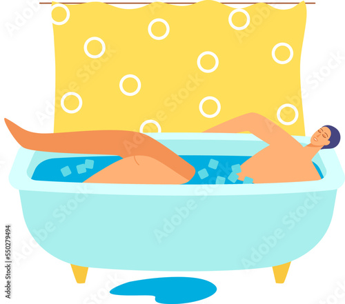 Bath therapy treatment, man soaking in icy bath vector illustration. Natural medicine for healthcare, freezing runny for male person.