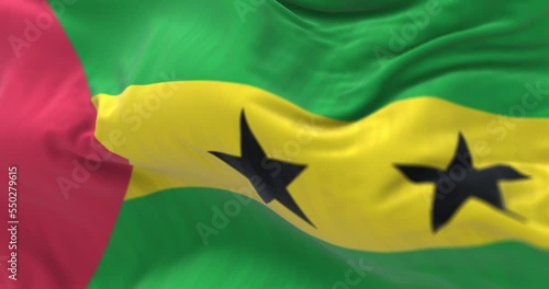 Close-up view of the Sao Tome e Principe national flag waving in the wind. photo