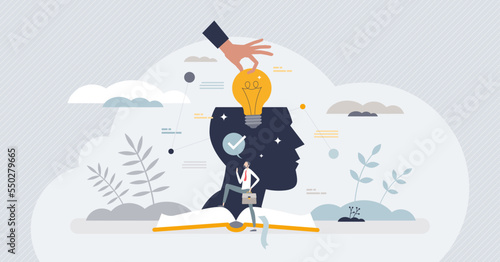 Tacit or implicit knowledge from personal mind experience tiny person concept. Cognitive information processing using life long available skills, abilities and mental resources vector illustration.
