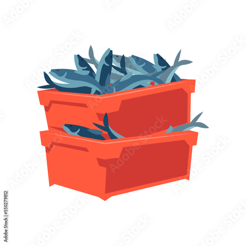 Red boxes with fish cartoon illustration. Boxes of fish. Fishery, marine industry, transportation, factory concept