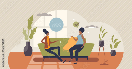 Therapy for black community or afro american mental support tiny person concept. Racial psychotherapy to fight with racism caused problems vector illustration. Meeting and talking in treatment session