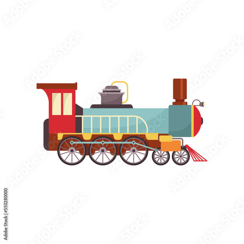 Blue and red vintage locomotive cartoon illustration. Retro locomotive, engine or steam train. Transportation concept