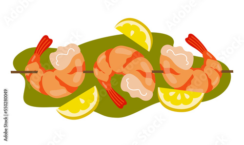 Grilled shrimp skewers. Tasty fresh cooked fried shrimps dish with lemon. Sea food nutrition concept. Vector flat cartoon isolated illustration