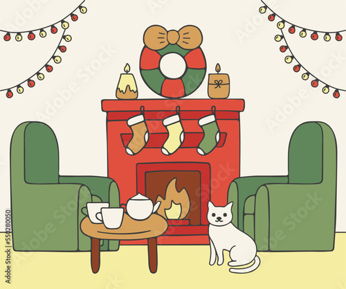 House living room with fireplace and armchair, interior with furniture decorated for Christmas holiday. Inside house, home fire. Card on winter holiday. Vector illustration