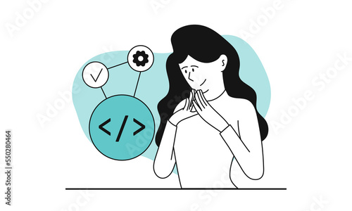 Woman developer and development source code vector illustration concept. Business programming and application engineer project. Backend working and smart engineering script for web site interface