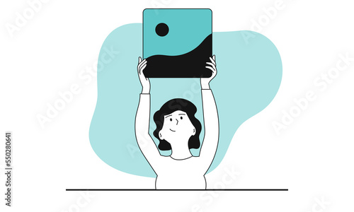 Woman digital artist vector concept illustration. Creative designer and character drawing creativity. Illustrator in studio and freelance artistic profession. Female worker and picture artwork