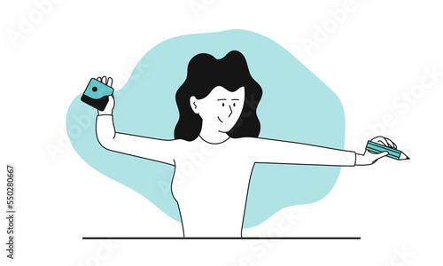 Woman digital artist vector concept illustration. Creative designer and character drawing creativity. Illustrator in studio and freelance artistic profession. Female worker and picture artwork