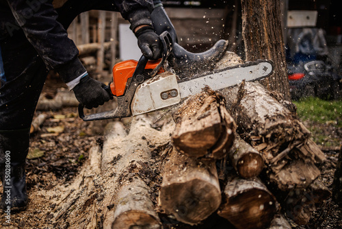 Cropped picture of a lumberman sawing woods on a pile with chainsaw.