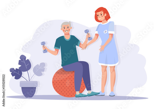 Elderly man having orthopedic rehabilitation after trauma. Active old man training on the ball with dumbbells. Therapists working with an aged patient. Physical therapy at the clinic. Vector
