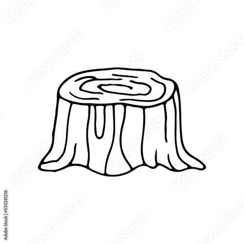 Wooden stump. Stump in the forest or garden. Remaining tree with roots. Doodle. Hand drawn. Vector illustration. Outline.