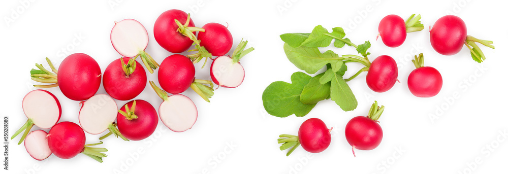 fresh whole and sliced radish isolated on white background. Top view fresh whole and sliced radish isolated on white background. Top view
