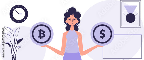 The concept of mining and extraction of bitcoin. A woman holds a bitcoin and a dollar in her hands. Character in trendy style.